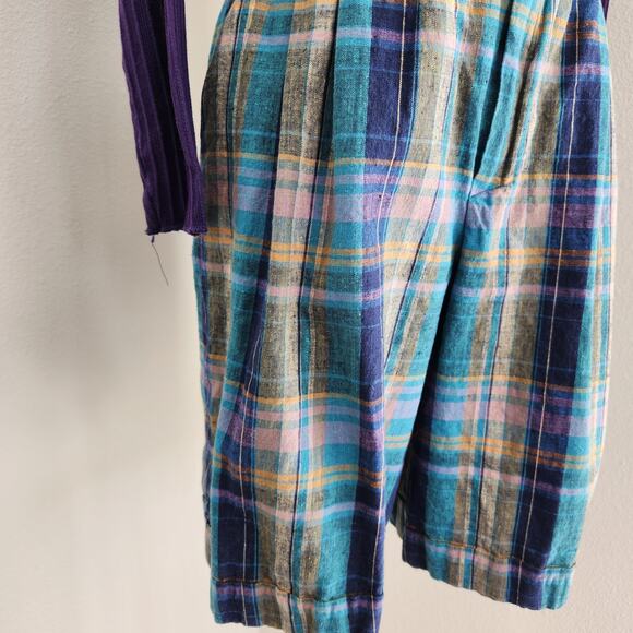 Vintage Fundamental Things Plaid Pleated High Waisted Linen Shorts Teal Purple 2 - Picture 3 of 11